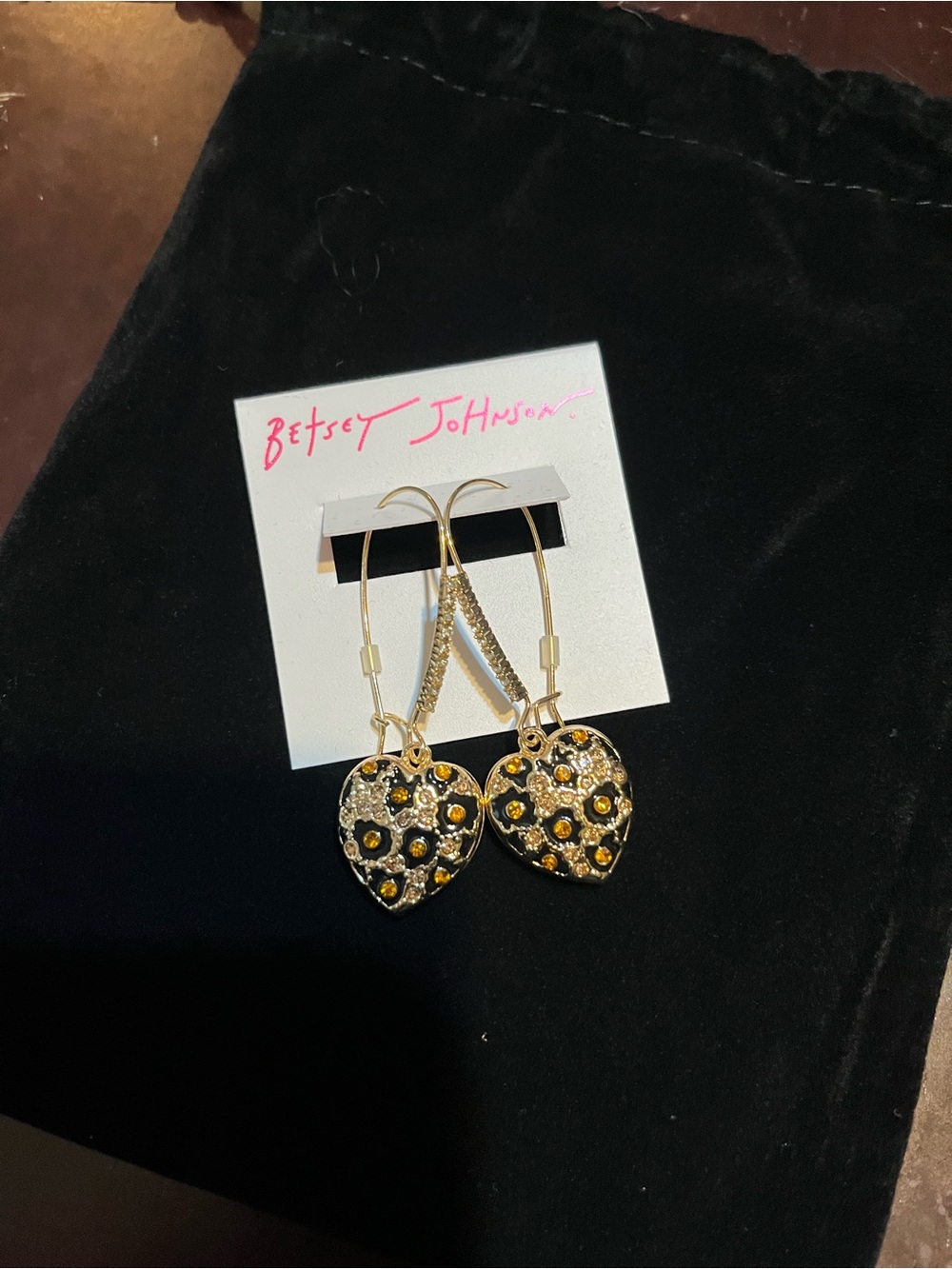 Betsey Johnson Leopard Print Heart Drop Earrings with and Amber Crystals